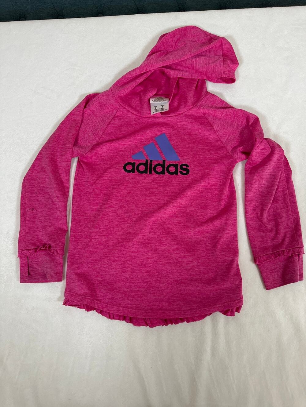 Adidas Girls Hooded Ruffle Hem Athletic Top Size 5 Pink Long Sleeve Playwear